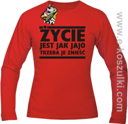 Życie jest jak jajo trzeba je znieść - longsleeve męski z nadrukiem czerwony