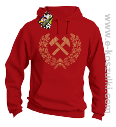 Pyrlik i żelazko Znak Górniczy herb górnictwa Logo - bluza z kapturem czerwona
