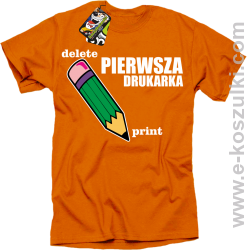Pierwsza drukarka - delete - print - koszulka męska z nadrukiem oldschool pomarańczowa