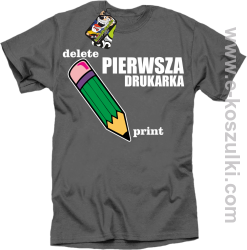 Pierwsza drukarka - delete - print - koszulka męska z nadrukiem oldschool szara
