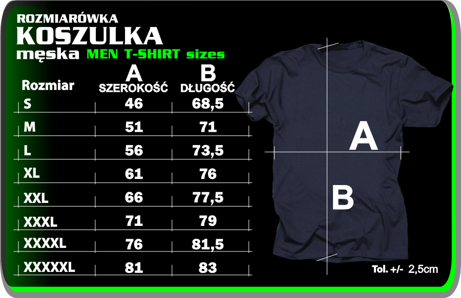 Rozmiarówka męska - Tabela rozmiarów KOSZULKI MĘSKIE